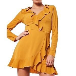 😍2/$20 NWT Misguided Sz S Spicy Mustard Yellow Ruffled V-Neck Mini Dress
